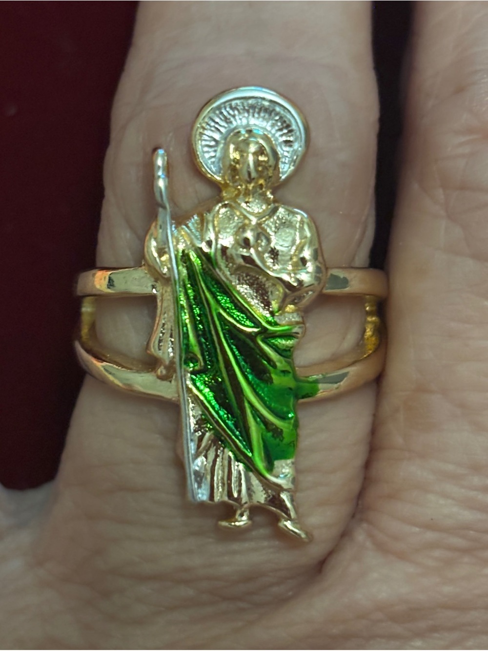 Gold-Tone St Jude Ring with Green Enamel Drapery - Adjustable Women’s Jewelry